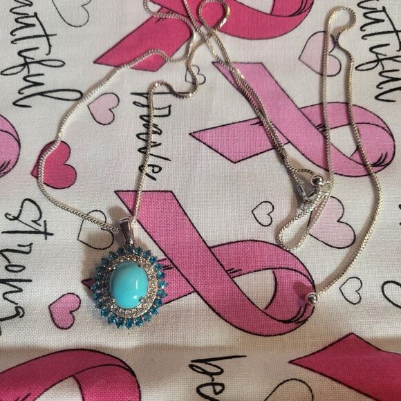 Sleeping Beauty Turquoise and Multi Gemstone Double Halo Pendant Necklace - Picture 3 of 8